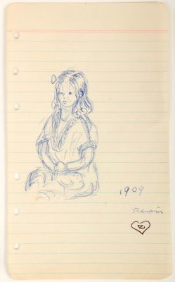 מיוחס לפייר-אוגוסט רנואר, ילדה יושבת. טכניקה: עט על ניירחתימה: חתום "רנואר" ומתוארך 1909 (ימין 