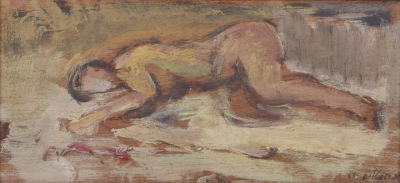 משה רוזנטליס, אישה שוכבת. טכניקה: שמן על עץתאריך: 1988חתימה: חתום ומתוארך 88 (ימין למטה)מידות: 