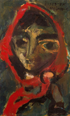 צבי מאירוביץ', דיוקן נערה. טכניקה: שמן על נייר דפוס אופסט מוצמד לעץחתימה: חתום בעברית ובאנגלית 