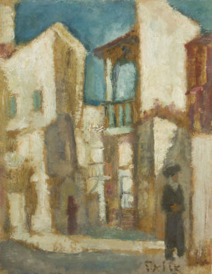 אריה אלוואיל, חסיד בצפת. טכניקה: שמן על נייר מוצמד לקרטוןחתימה: חתום (ימין למטה)מידות: 37.4X29.4 