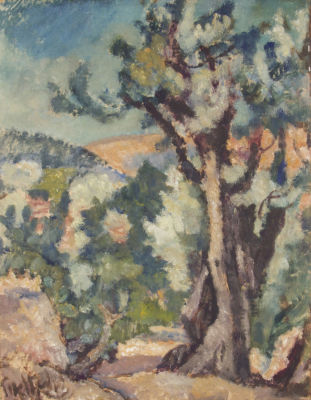 אריה אלוואיל, מטע זיתים. טכניקה: שמן על נייר מוצמד לעץחתימה: חתום (שמאל למטה)מידות: 50X38 