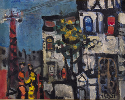 יעקב וכסלר, זוג בחיפה. טכניקה: שמן על בדחתימה: חתום (ימין למטה), חתום שוב בעברית ובאנגלית 