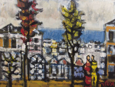 יעקב וכסלר, זוג בחיפה. טכניקה: שמן על בדחתימה: חתום (ימין למטה), חתום שוב בעברית ובאנגלית 