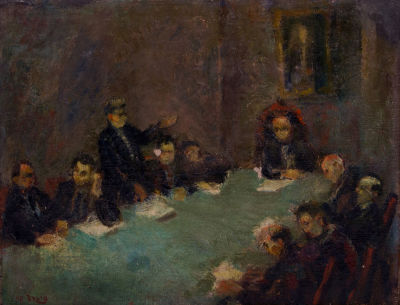 אליהו סיגרד, הפגישה. טכניקה: שמן על בד מוצמד לקרטוןתאריך: 1940חתימה: חתום ומתוארך 1940 (שמאל 