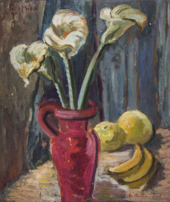 אסתר ברלין-יואל, טבע דומם. טכניקה: שמן על עץתאריך: 1945חתימה: חתום בעברית, מתוארך 1945 (שמאל 