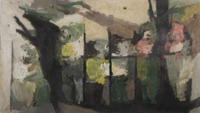 מאיר שטיינגולד, ילדים בלול. טכניקה: שמן על בד תאריך: 1959חתימה: חתום (שמאל למטה), חתום שוב 