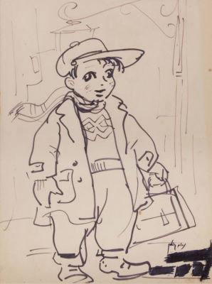 נחום גוטמן, ילד קטן. טכניקה: טוש על ניירחתימה: חתום (ימין למטה)מידות: 32X23 ס"ממצב: טוב, עם 