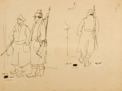 נחום גוטמן, חיילים. טכניקה: דיו על נייר 
תאריך: 1955 
חתימה: חתום ומתוארך 22-11-55 (שמאל למטה של 