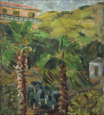 אסתר ברלין-יואל, נוף. טכניקה: שמן על בדחתימה: חתום (מאחור)מידות: 60X55 ס"ממצב: זקוק לניקוי והבד 