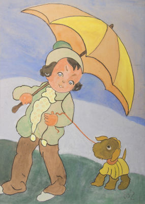 שמואל שלזינגר, ילד עם כלבלב. טכניקה: אקוורל על קרטוןחתימה: חתום (ימין למטה)מידות: 70X51 ס"ממצב: 