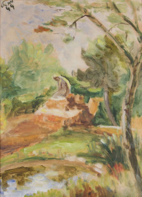 מיכאל ארגוב, דמות בנוף. טכניקה: שמן על נייר מוצמד לקרטוןתאריך: 1944חתימה: חתום ומתוארך 44 (שמאל 