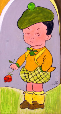 שמואל שלזינגר, ילד עם פרח. טכניקה: גואש על קרטוןחתימה: חתום (ימין למטה)מידות: 50X27 ס"ממצב: טוב 