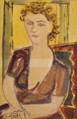 מיכאל ארגוב, דיוקן אישה. טכניקה: אקוורל ועפרון על ניירחתימה: חתום ונושא חותמת עזבון האמן (שמאל 