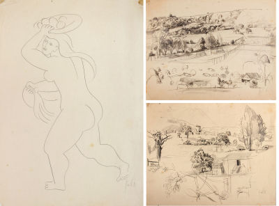 אריה לובין, שלוש עבודות על נייר. כולל:1. אישה עירומהתאריך: שנות ה-1920טכניקה: עפרון על 