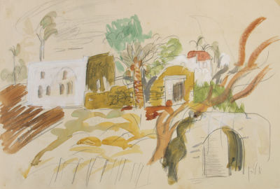 אריה לובין, נוף (ציור דו צדדי). טכניקה: אקוורל עם דגשי גואש ועפרון על ניירחתימה: חתום (ימין 