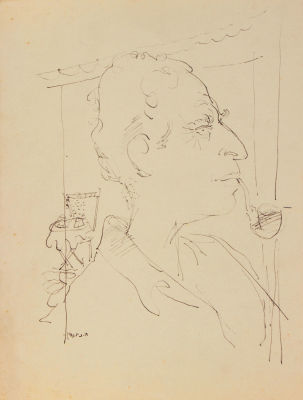 אברהם נתון, איש מעשן מקטרת. טכניקה: דיו על נייר
חתימה: חתום (שמאל למטה)
מידות: 31X24.3 ס"מ 
מצב: טוב