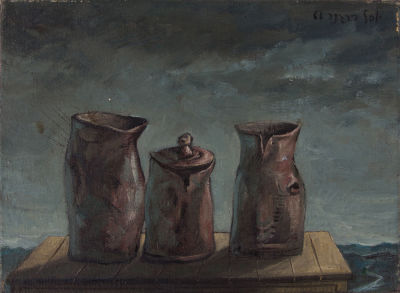 יוסל ברגנר, שלושה קנקנים באור הירח. טכניקה: שמן על בדתאריך: 1966חתימה: חתום, מתוארך 1966 (ימין 