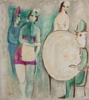 שמואל בונים, מתופף. טכניקה: שמן על בדחתימה: חתום (שמאל למטה)מידות: 46X41 ס"ממצב: טובמקור: עזבון 