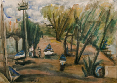 ציונה תג'ר, סירות על הירקון. טכניקה: אקוורל ופחם על נייר 
תאריך: 1963 
חתימה: חתום (שמאל למטה) 