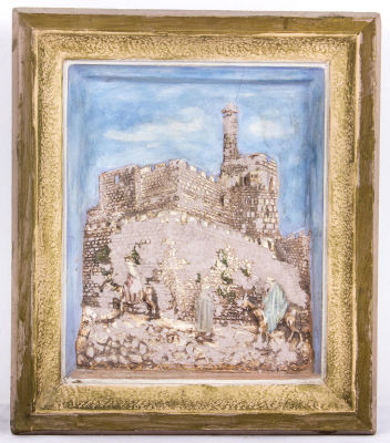 תבליט גבס צבוע של מגדל דוד, בצלאל, תקופה מוקדמת. מידות: 41X35 ס"ממצב: בהתאם לגיל הפריטמקור: 