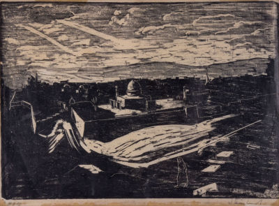 יעקב שטיינהרט, ירושלים. טכניקה: חיתוך עץ מידות: 20.2X30.4 ס"מחתימה: חתום (ימין למטה)