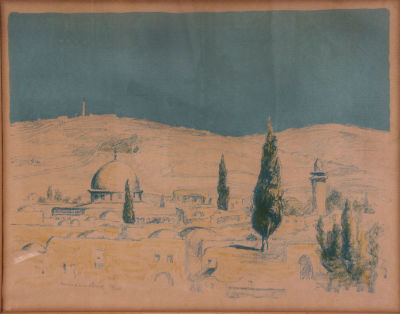 הרמן שטרוק, ירושלים. טכניקה: ליטוגרפיה צבעוניתשנה: 1930 בקירובחתימה: חתום וממסופר 73/75 (שמאל 