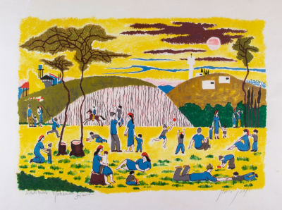 יוחנן סימון, בקיבוץ. טכניקה: הדפס משי צבעוניחתימה: חתום בעברית (ימין למטה) חתום באנגלית ומסומן 