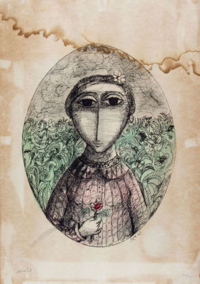 יוסל ברגנר, נערה עם פרחים. טכניקה: ליטוגרפיה ואקוורלחתימה: חתום (שמאל למטה) וממסופר 34/100 (ימין 