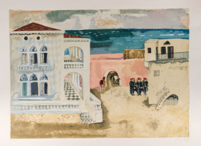 נחום גוטמן, בית בטבריה. טכניקה: הדפס משי צבעוניחתימה: חתום (ימין למטה) ומסומן כניסיון האמן (שמאל 