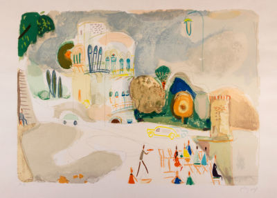 נחום גוטמן, בית קפה בטבריה. טכניקה: הדפס משי צבעוניחתימה: חתום (ימין למטה) ומסומן כניסיון האמן 