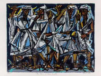 מרסל ינקו, מכבים. טכניקה: הדפס משיחתימה: חתום (ימין למטה), נושא שם היצירה (שמאל למטה) ונושא 