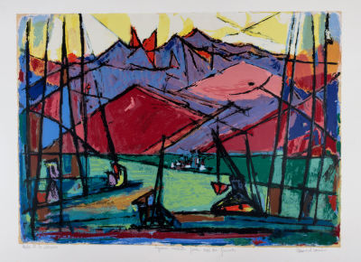 מרסל ינקו, אגם החולה והחרמון. טכניקה: הדפס משיחתימה: חתום (ימין למטה), נושא שם היצירה (שמאל 