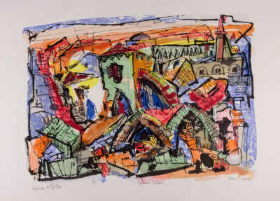 מרסל ינקו, הריסות ביפו. טכניקה: הדפס משיחתימה: חתום (ימין למטה), נושא שם היצירה (שמאל למטה) 