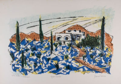 מרסל ינקו, בית בקטמון. טכניקה: ליטוגרפיה צבעוניתחתימה: חתום (ימין למטה), נושא שם היצירה (שמאל 