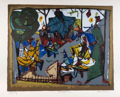 מרסל ינקו, בית קפה ערבי. טכניקה: הדפס משי צבעוניחתימה: חתום (ימין למטה), נושא שם היצירה (שמאל 