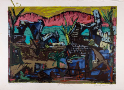 מרסל ינקו, טבריה. טכניקה: הדפס משי צבעוניחתימה: חתום (ימין למטה), נושא שם היצירה (שמאל למטה) 