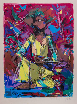 אריה לובין, מעשן הנרגילה. טכניקה: הדפס משי צבעוניחתימה: חתום ומסומן כניסיון האמן (ימין למטה) 