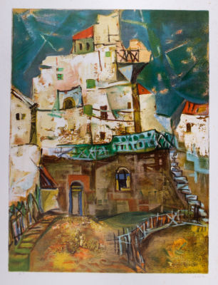 יעקב אייזנשר, צפת. טכניקה: הדפס משי צבעוניחתימה: חתום (ימין למטה) ומסומן כניסיון האמן (שמאל 