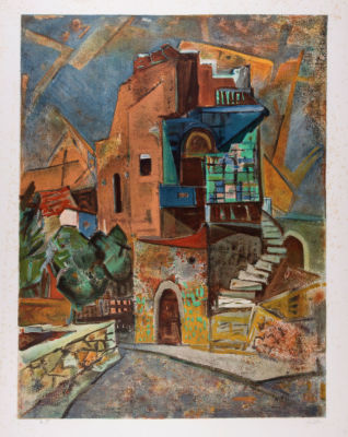 יעקב אייזנשר, צפת. טכניקה: הדפס משי צבעוניחתימה: חתום (ימין למטה) ומסומן כניסיון האמן (שמאל 