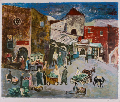 יעקב אייזנשר, דמויות בשוק. טכניקה: הדפס משי צבעוניחתימה: חתום (ימין למטה) ומסומן כניסיון האמן 