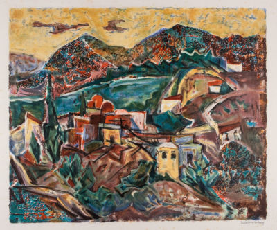 יעקב אייזנשר, נוף מצפת. טכניקה: הדפס משי צבעוניחתימה: חתום (ימין למטה) מידות הדפס: 41X50 