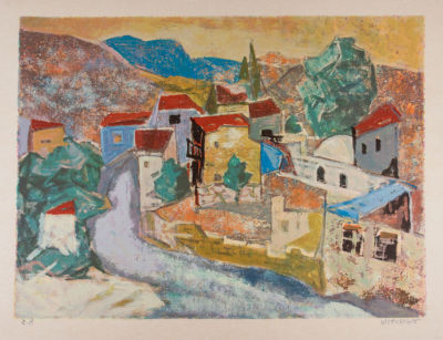 יעקב אייזנשר, צפת. טכניקה: הדפס משי צבעוניחתימה: חתום (ימין למטה) ומסומן כניסיון האמן (שמאל 