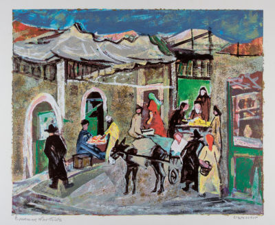 יעקב אייזנשר, דמויות בשוק. טכניקה: הדפס משי צבעוניחתימה: חתום (ימין למטה) ומסומן כניסיון האמן 