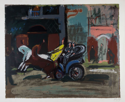 נחום גוטמן, כרכרה ביפו. טכניקה: הדפס משי צבעוניחתימה: חתום (ימין למטה) ומסומן כניסיון האמן (שמאל 