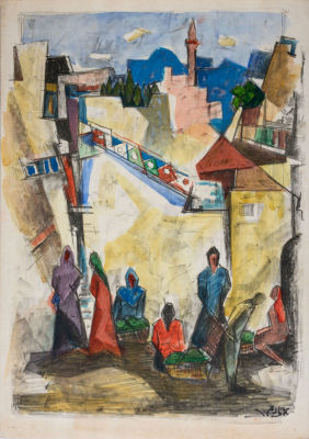 יעקב אייזנשר, דמויות ביפו. טכניקה: ליטוגרפיה, פסטל וגואשחתימה: חתום בפלטה (ימין למטה) מידות: 