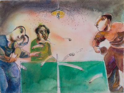 דודו גרשטיין, משחק פינג פונג. טכניקה: אקוורל על ניירתאריך: 1977חתימה: חתום ומתוארך 77 (ימין 