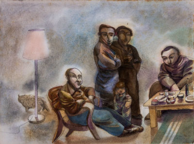 דודו גרשטיין, משפחה בסלון. טכניקה: אקוורל על ניירחתימה: חתום בעברית ובאנגלית (ימין למטה)מידות: 