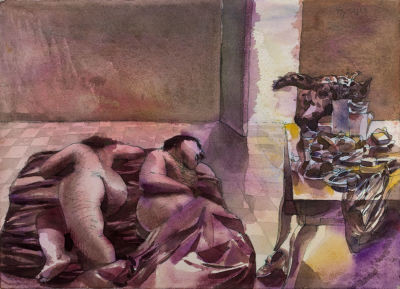 דודו גרשטיין, זוג ישן. טכניקה: אקוורל על ניירתאריך: 1977חתימה: חתום ומתוארך 77 (ימין 