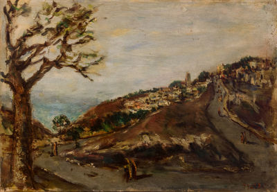 יצחק פרנקל (פרנל), דמויות במעלה הרחוב. טכניקה: שמן על עץתאריך: 1926 בקירובחתימה: חתום (ימין 