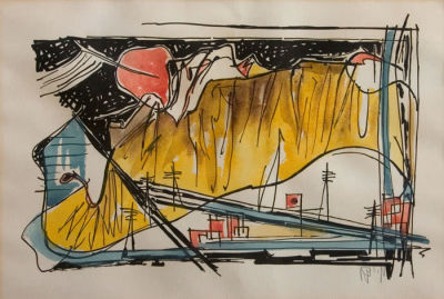 מרסל ינקו, נוף עם בתים. טכניקה: טכניקה מעורבת על ניירתאריך: שנות ה-1950חתימה: חתום (ימין 